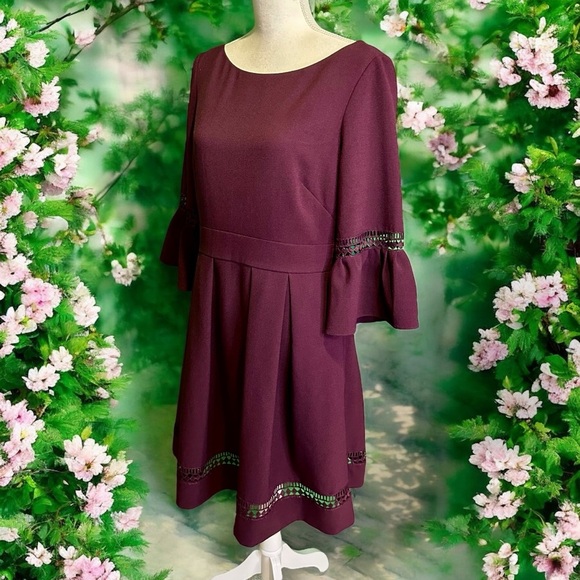 Eliza J ‘3/4 Length Bell Sleeve Fit & Flare Dress’ in “Plum Burgundy” Size 12 - Picture 7 of 15